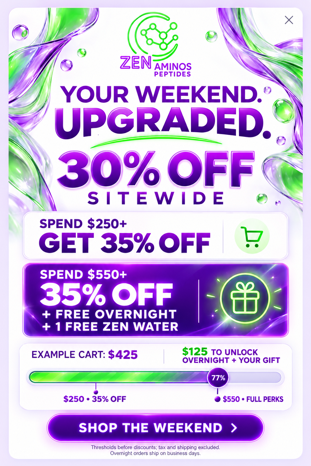 30% sitewide; 35% at $250; $550 includes 35% off, free overnight shipping and one free 30 mL Zen Water